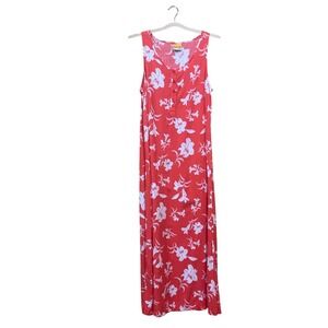 Floral Red & White Maxi Dress Sleeveless Button Detail Beach Resort Sundress‎ M
